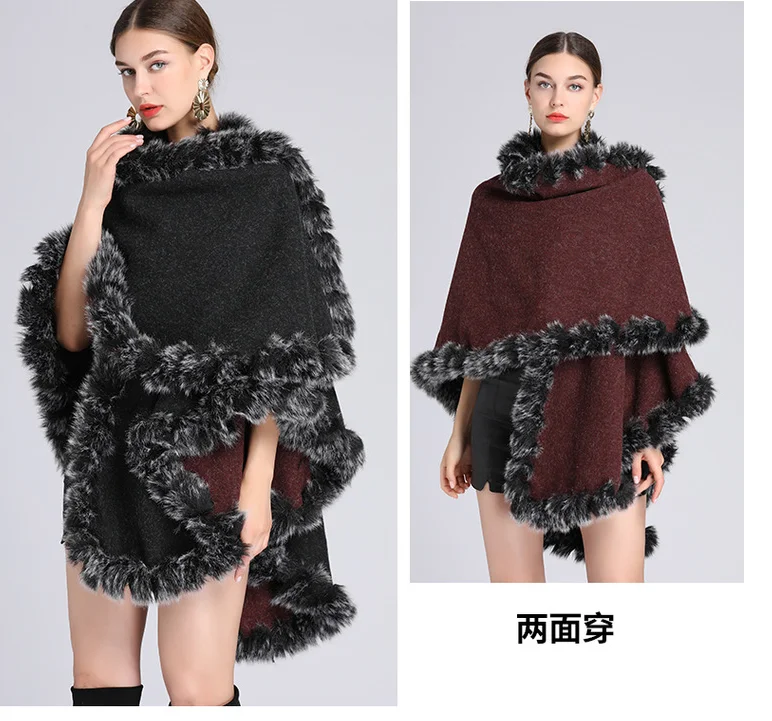 

Autumn Winter New Style Two Sides Can Wear Imitation Wool Collar Fashionable High-end Leisure Poncho Lady Capes Red Cloaks