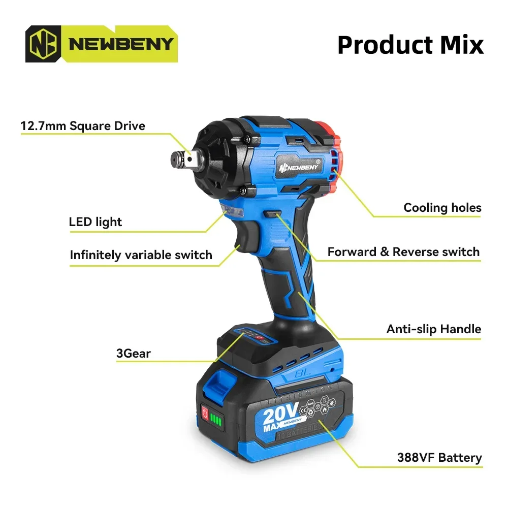 NewBeny 1000N.m Brushless Electric Impact Wrench 1/2 inch 3 Gears Cordless Rechargeable Power Tools For Makita 18V Battery 3