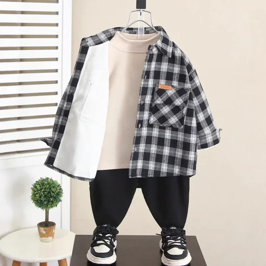 Thickened Fleece Lined Plaid Shirt for Baby Boys Autumn Winter Kids Clothes Integrated Fleece Baby Outfit New Hot Sale Of The Se