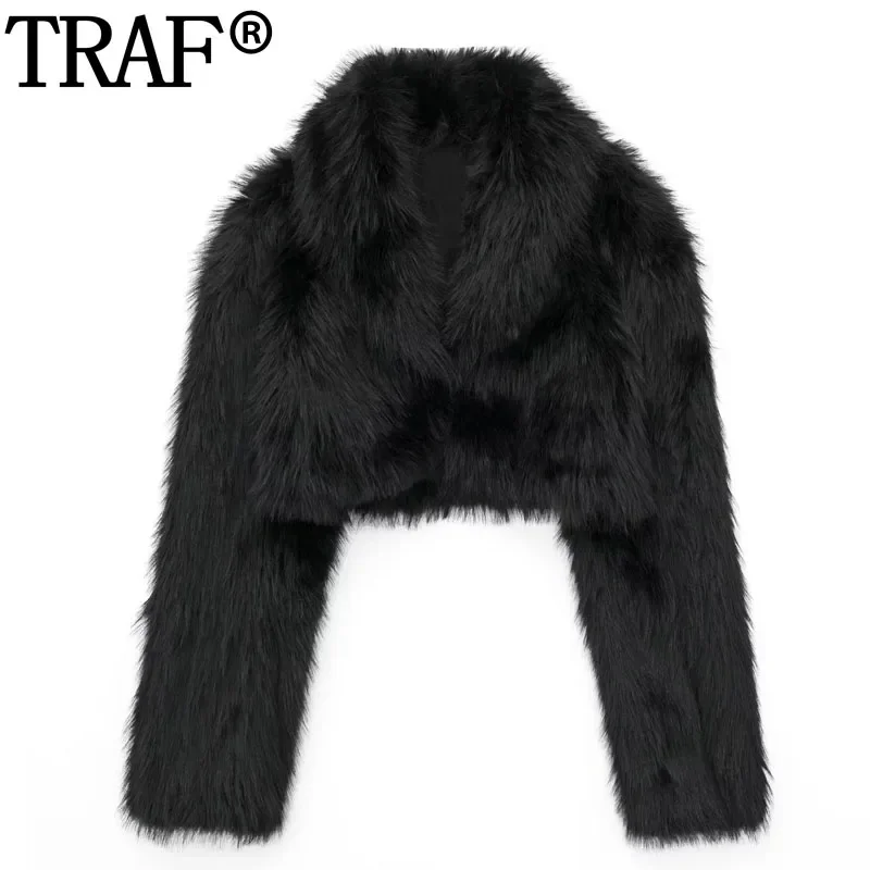 

TRAF Faux Fur Coat Woman Fluffy Cropped Black Jacket Women Long Sleeve Warm New In Jackets Cardigan Winter Women's Cold Coat