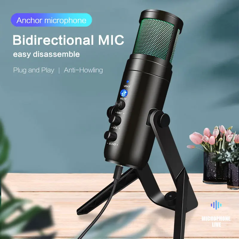 전문 RGB 게임 스튜디오 마이크, 팟 캐스팅 게임용 마이크, USB 스트림 녹음 데스크탑 USB