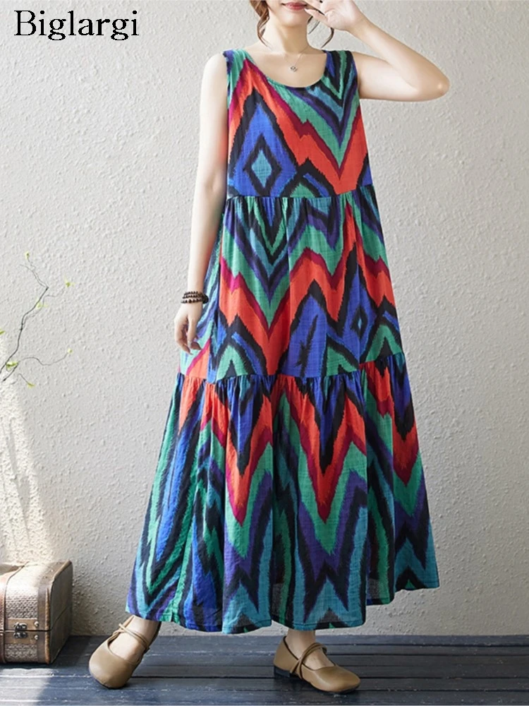 

Платье женское ТРАПЕЦИЕВИДНОЕ без рукавов, свободное Плиссированное длинное платье в полоску с принтом, с оборками, модное летнее