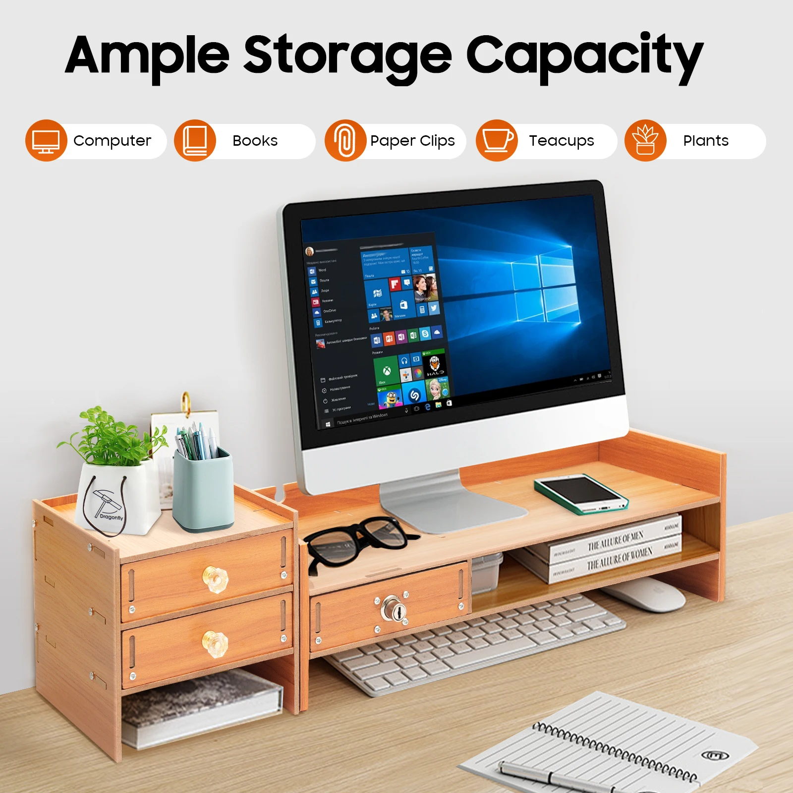 3 Drawers Computer Storage Rack Computer Monitor Stand Office Desktop Organizer Cabinet 2* Keys for Study, Office, Living Room