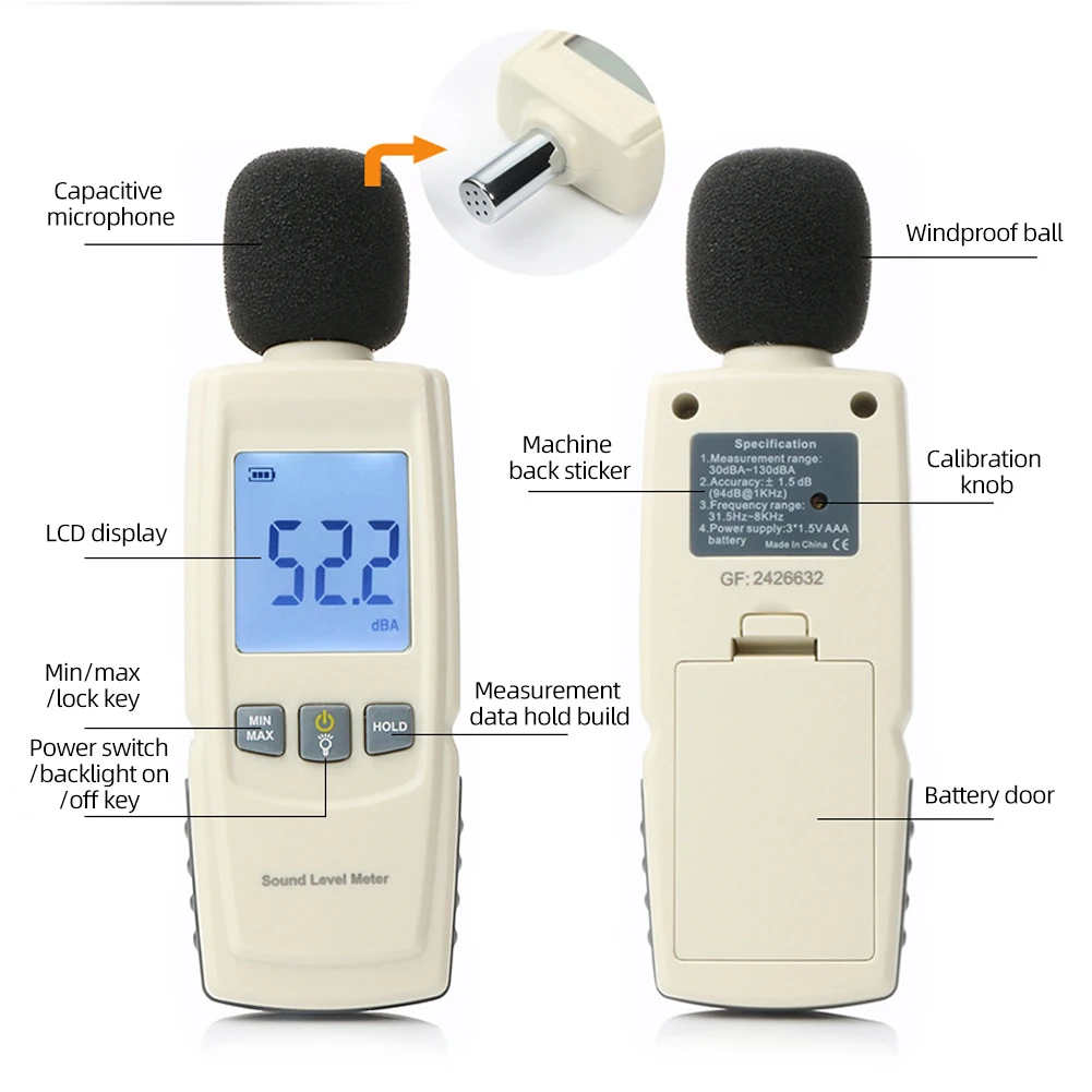 Medidor de nivel de sonido, medidor de ruido GM1351 Medidor de ruido de decibelios  Medidor de decibelios Eficiencia óptima Jadeshay A