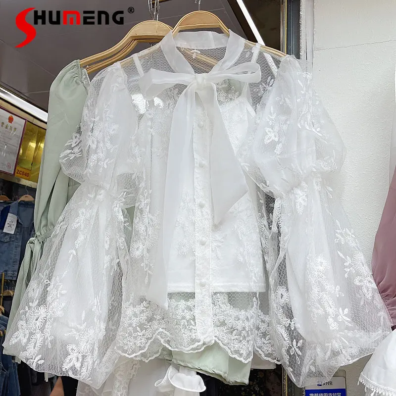 Korean Style 2023 Spring New Fashion Sweet Bow Self-Tie Lace Mesh Bubble Blouses Women's Trend Lantern Sleeve Lace Shirt Top