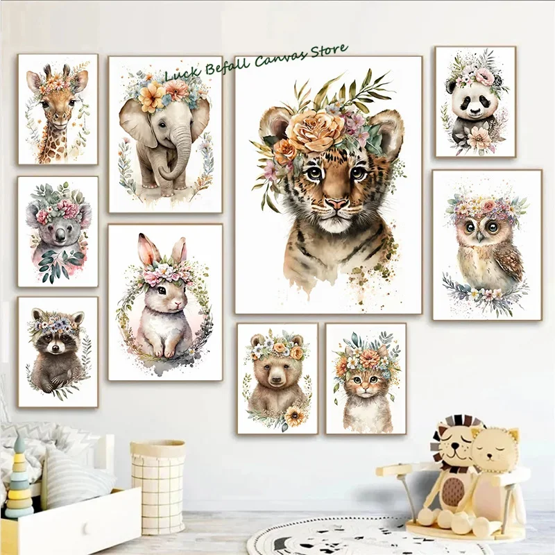 Animals Wall Art Prints For Nursery - Rabbit Bear Owl Canvas Painting Set Of 3, 11x14 Inches, Ready To Hang - View #4