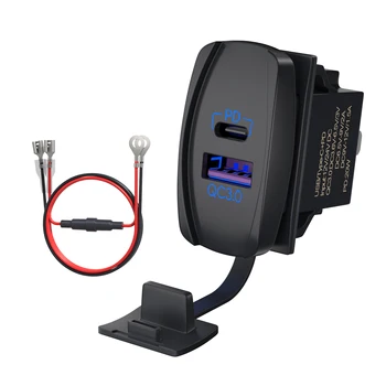 DaierTek USB Rocker Switch 12V Waterproof USB C & QC 3.0 Dual Ports Outlet PD Charger Socket for Car UTV RZR RV Truck Marine 1