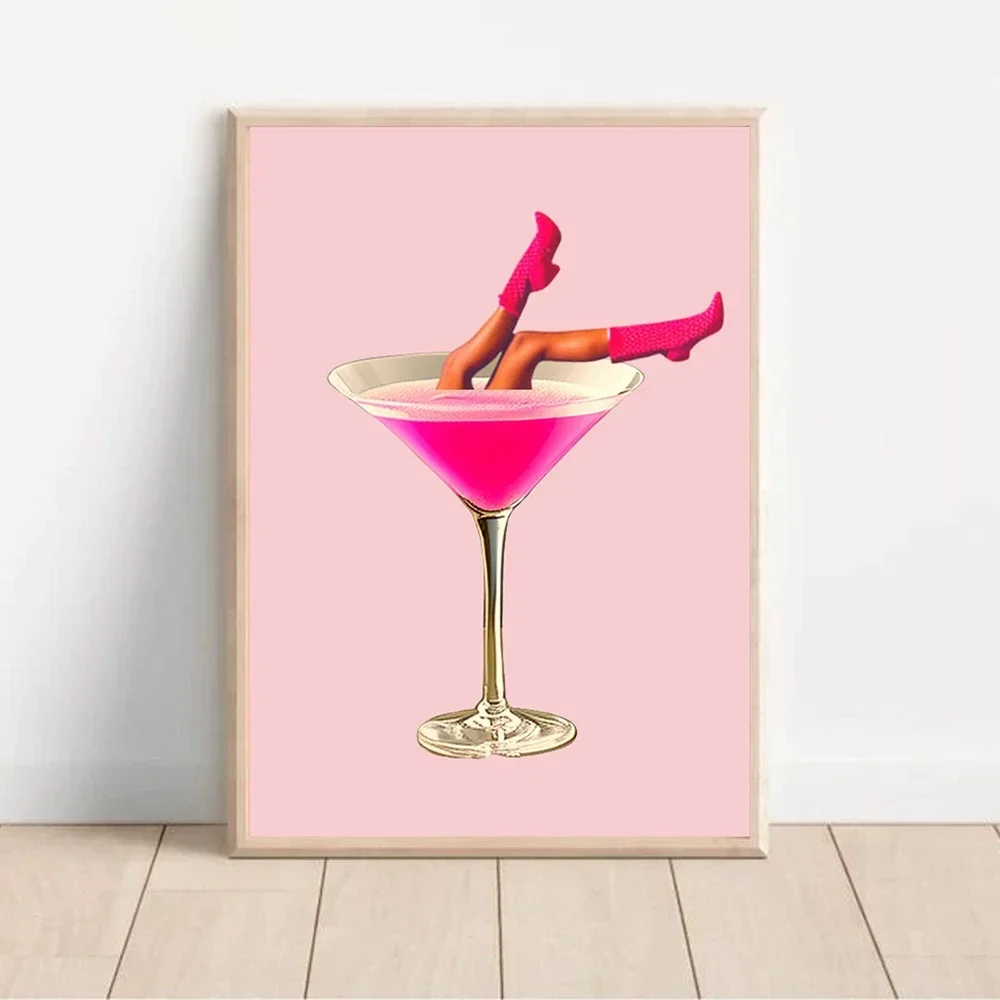 Rosa Trendy Dirty Martini Cocktail Print Wall Art Canvas Painting Retro Illustration Preppy Decor Kitchen Bar Club Wall Pictures