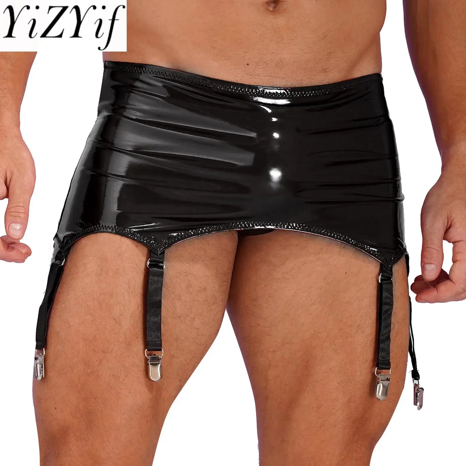 Mens Shiny Wet Look Patent Leather Zipper Garters with Metal Clips Lingerie Erotic Crossdressing Mini Skirt with Garters Belt