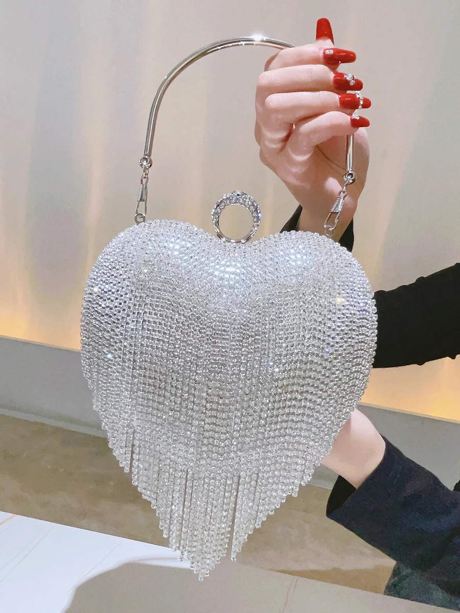 Pochette Da Sera A Forma Di Cuore Con Strass - Borsa Donna In PU Rosso - 26x26x5 Cm - Per Matrimoni E Feste