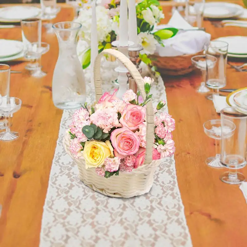 Hand-woven Wedding Flower Basket With Handle Wicker Sundries Basket Wedding Flower Girls Basket for Home Picnic Storage Basket 4