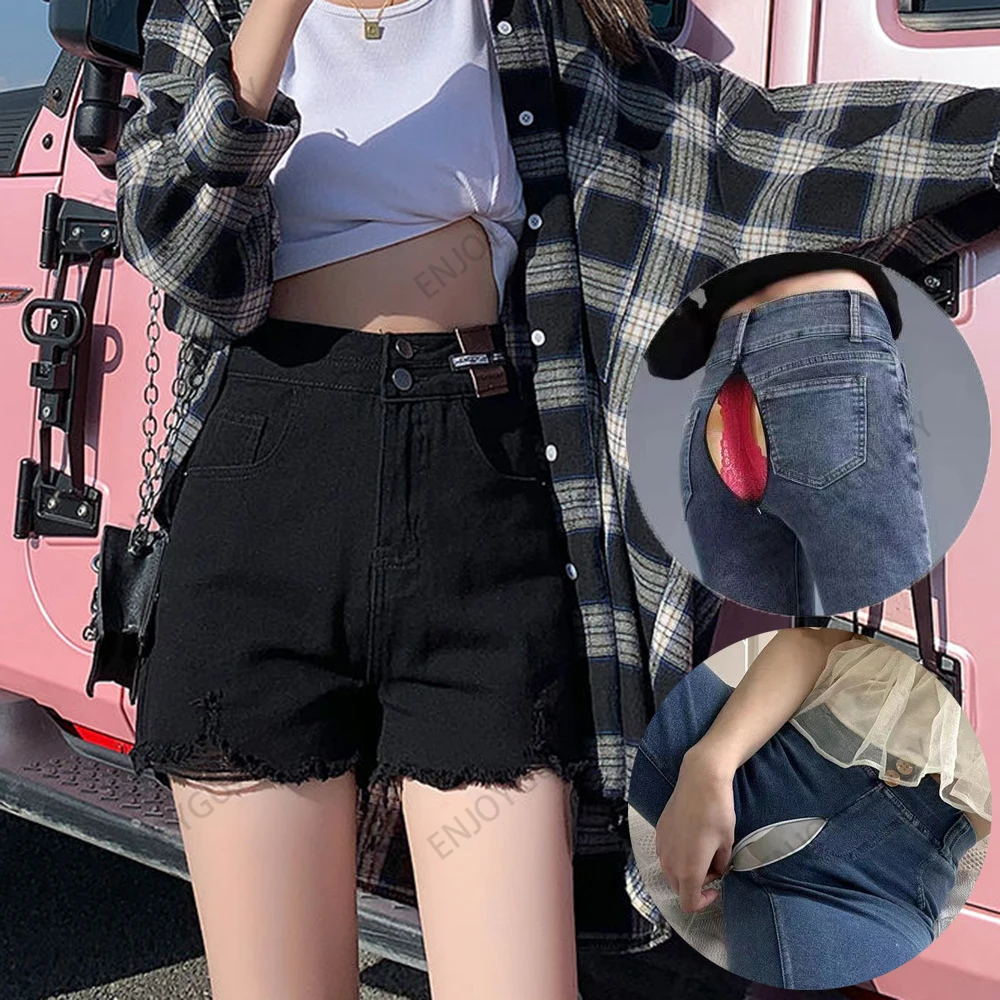 High Waist Denim Shorts Invisible Open Crotch Outdoor Sex Female Summer Slimming Small A- line Wide Leg Hot Pants