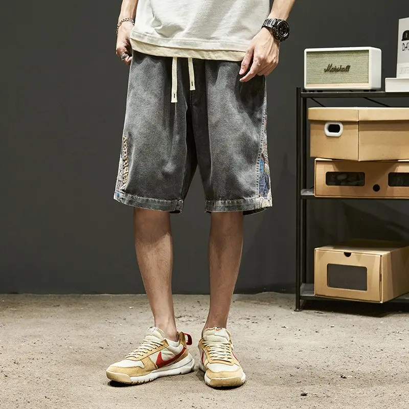 Japanese Harajuku Fashion Men Anime Denim Shorts Summer New Elastic Waist Big Size Hip Hop Vintage Casual Knee Lenght Jeans 2023