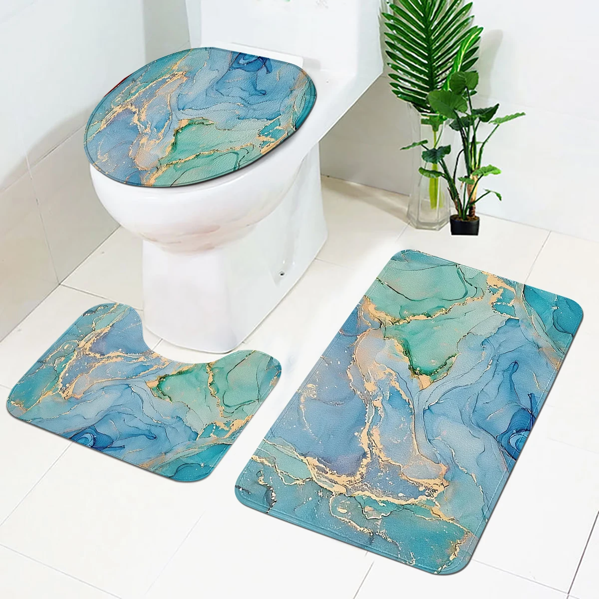 A blue marble toilet multi piece set that can be assembled or purchased as a single toilet seat floor mat U-shaped mat
