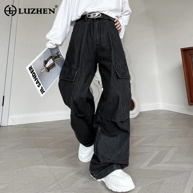 

LUZHEN Big Pockets Splicing Design Original Baggy Stylish Straight Denim Pants 2024 Men New Street Trendy Wide Leg Jeans LZ2208