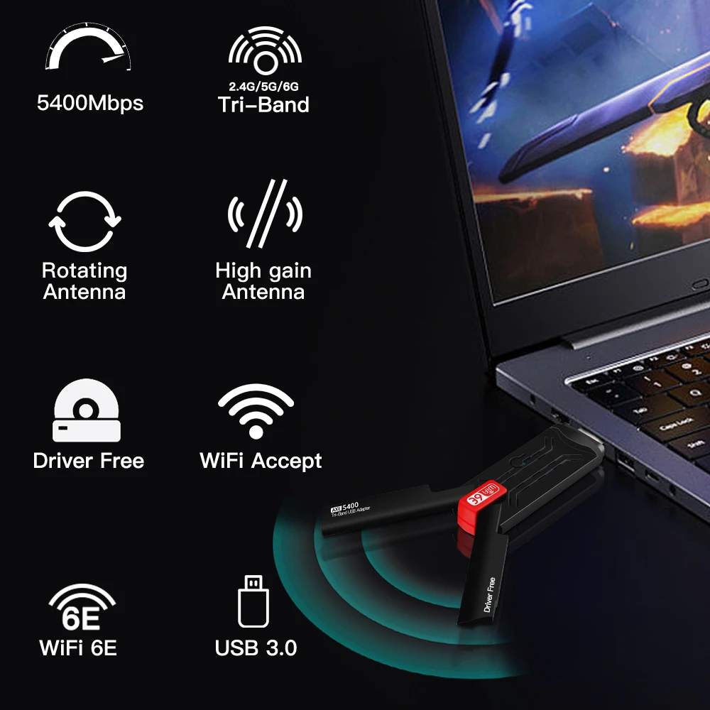 WiFi6E AX5400 USB 3.0 Wireless Adapter 2.4GHz/5GHz/6GHz Wi-Fi Booster With High Gain Antenne For PC/Laptop Win10/11 Driver Free — view 2
