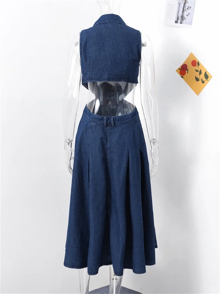 Wmstar Denim Dresses for Women Wholesale High Waist Slimming Sleeveless Single Breasted Vintage Casual Long Dress Dropshopping