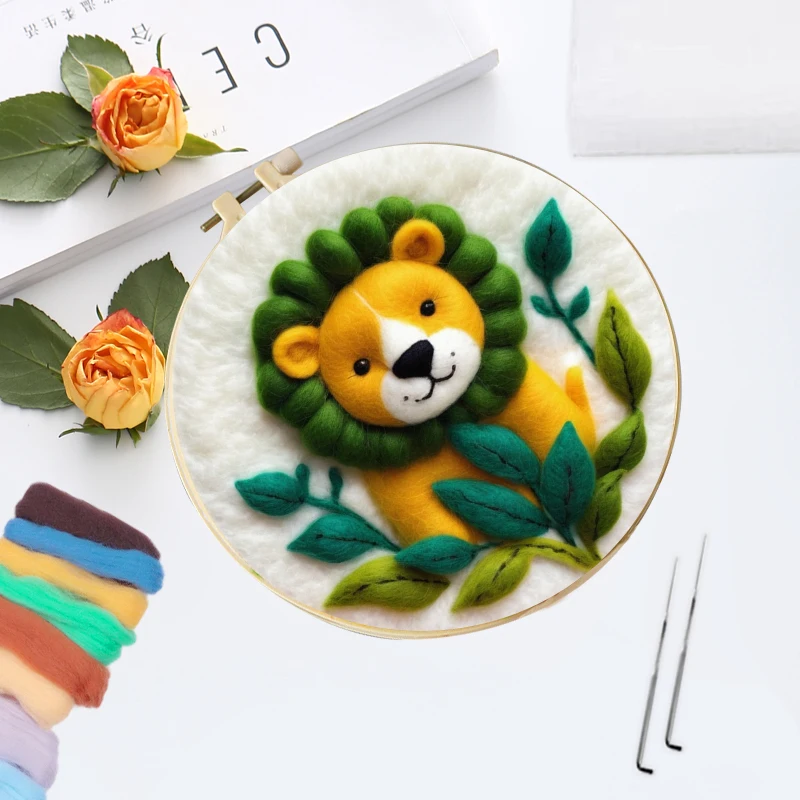 CHENISTORY Diy Wool Felting Painting Fox, Tiger, Lion Animal Art Kit Handmade Needle Felting Painting Set For Adults Wall Art