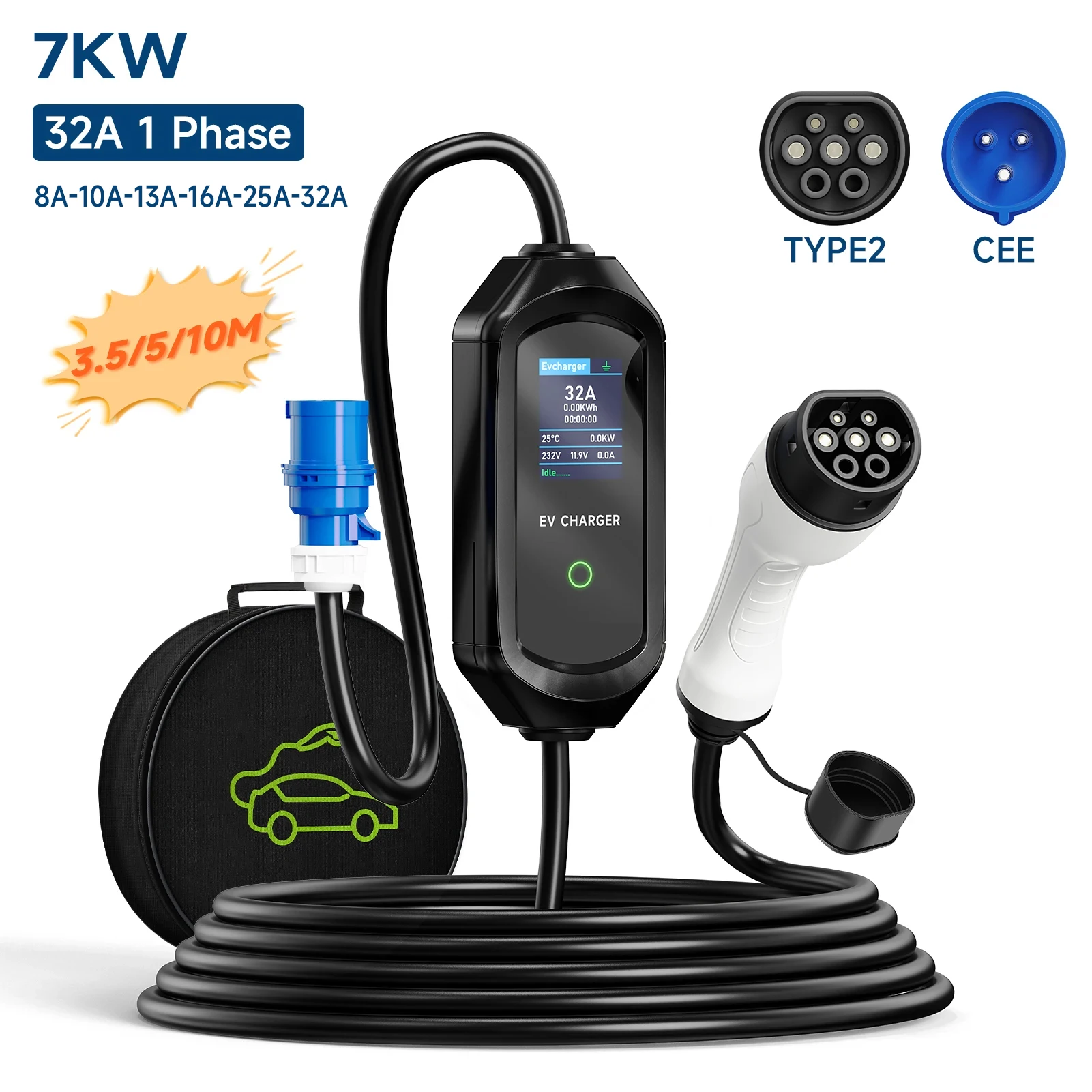 

Portable EV Charger Type2 IEC62196-2 Cable 32A 7KW with CEE Plug Type1 J1772 EVSE Charging Box GBT Wallbox for Electric Vehicle