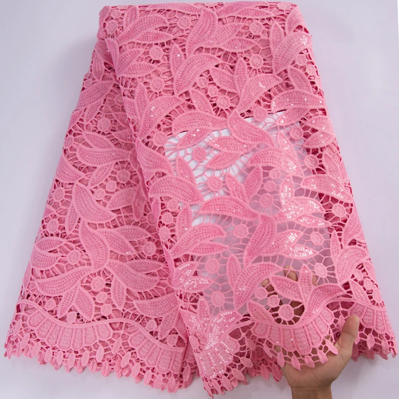 

African Guipure Lace Fabric 2023 Pink Nigrian Water Soluble Cord Lace Fabric 5 Yards With Sequins For Women Party Dress A3132