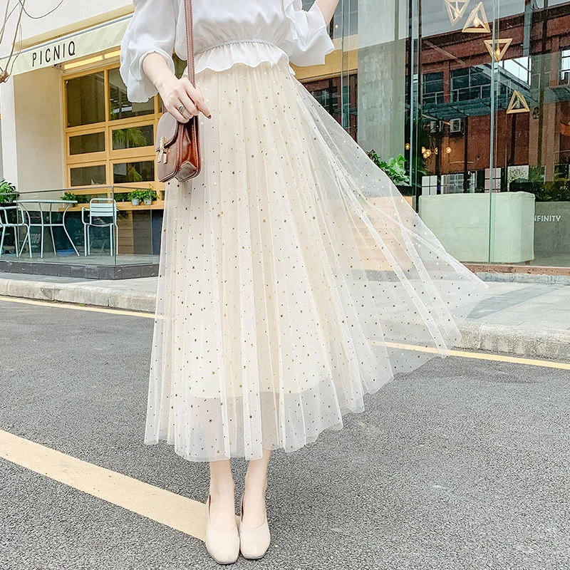 JMPRS Elegant Women Tulle Skirt Fashion Sequined Star Summer Mesh Ladies Long Skirt Elastic High Waist Party White Faldas wrap skirt