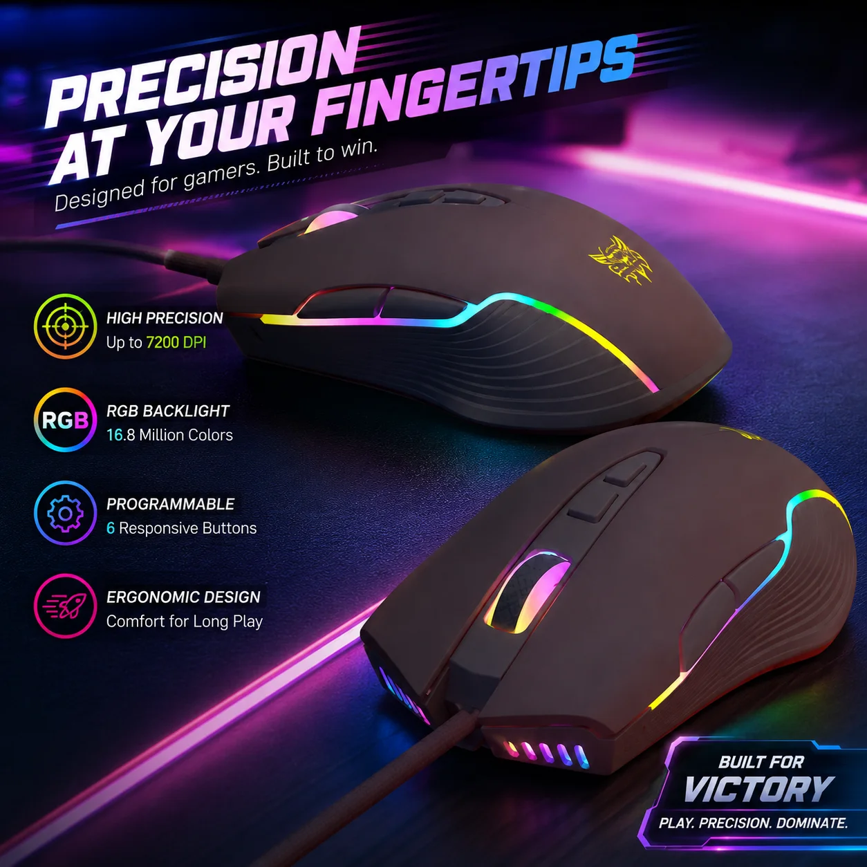 Mouse Ottico da Gaming RGB Colorato a 7 Pulsanti 6400DPI, Mouse Ergonomico Cablato Retroilluminato per Computer, Laptop, Desktop e Accessori PC - immagine 5