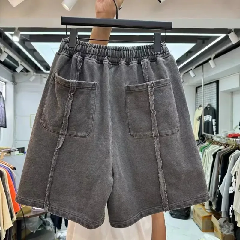 Embroidered washed and worn-out heavyweight shorts, American high street drape, deconstruction and splicing drawstring capris