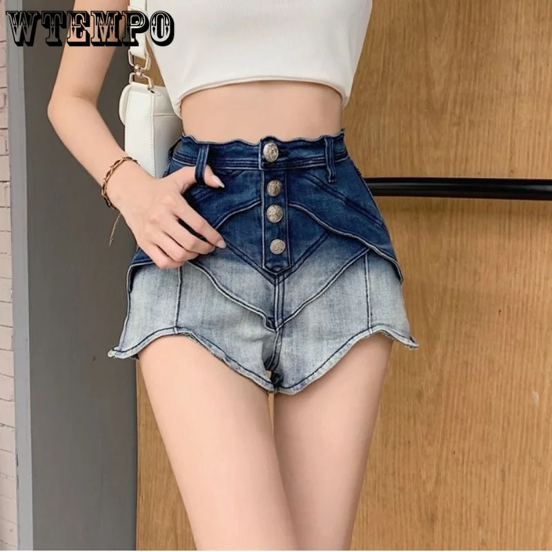 

WTEMPO Vintage Denim Shorts Women Fashion High Waist Wide Leg Trousers Streetwear Casual Straight Leg Pants Y2K Female Clothing