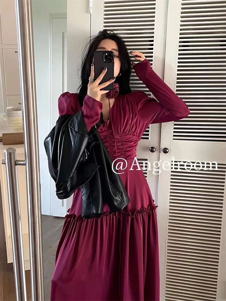 Autumn Satin Midi Dresses for Women Long Sleeve V-neck Folds Design A-line Korean Fashion Office Lady One Piece Vestidos New