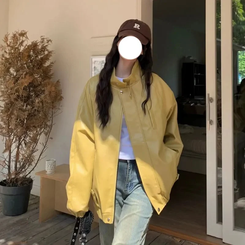 2023 New Fashion Loose Network Red Spring Autumn Japanese Retro Buckle Motorcycle PU Leather Jacket Coat Loose Couple Top Trend