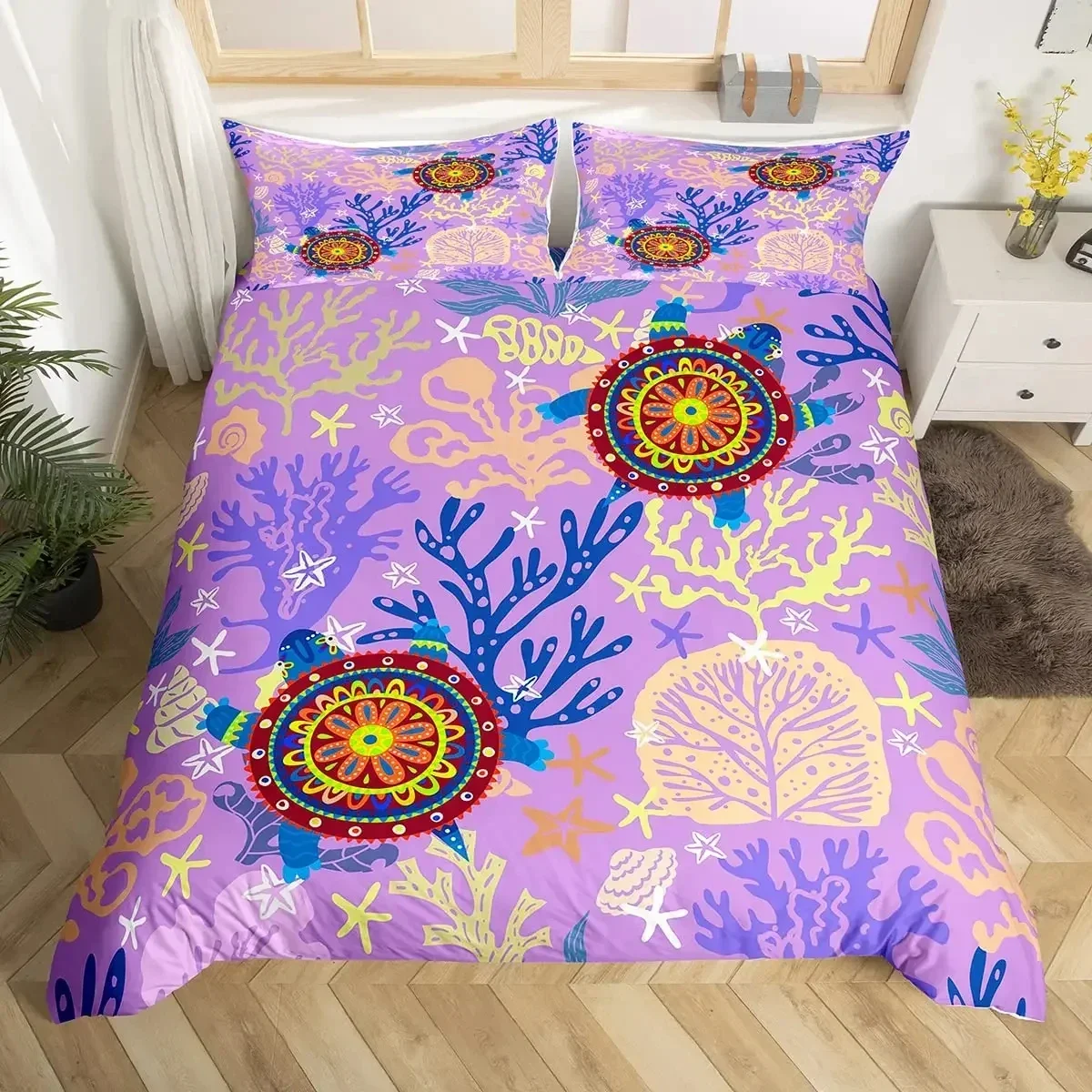 Ocean Theme Sea Turtle Reptile Tortoise Duvet Cover Microfiber Starry Sky Galaxy Bedding Set Single Queen Size Comforter Cover