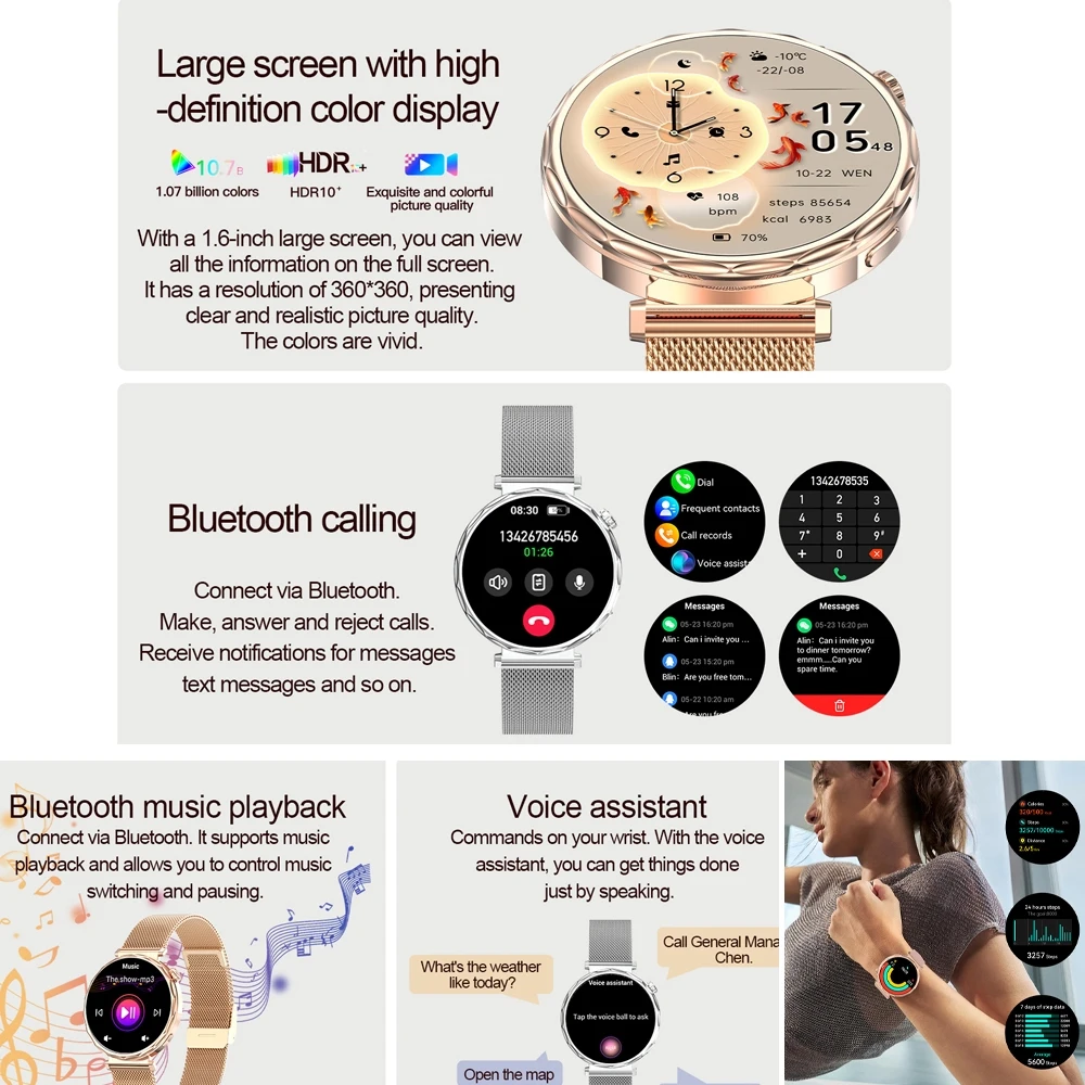 Bluetooth Call Smartwatches Ladies AMOLED HD Screen Heart Rate Monitor Bluetooth Call IP68 Waterproof Smart Watch 2025 New
