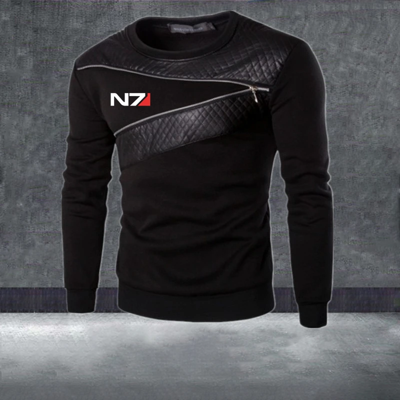

Spring Autumn Mass Effect N7 Logo Print Custom Made Splicing O Neck Man Zipper Pullover Hoodie Cotton Warm Leisure Men Clothes