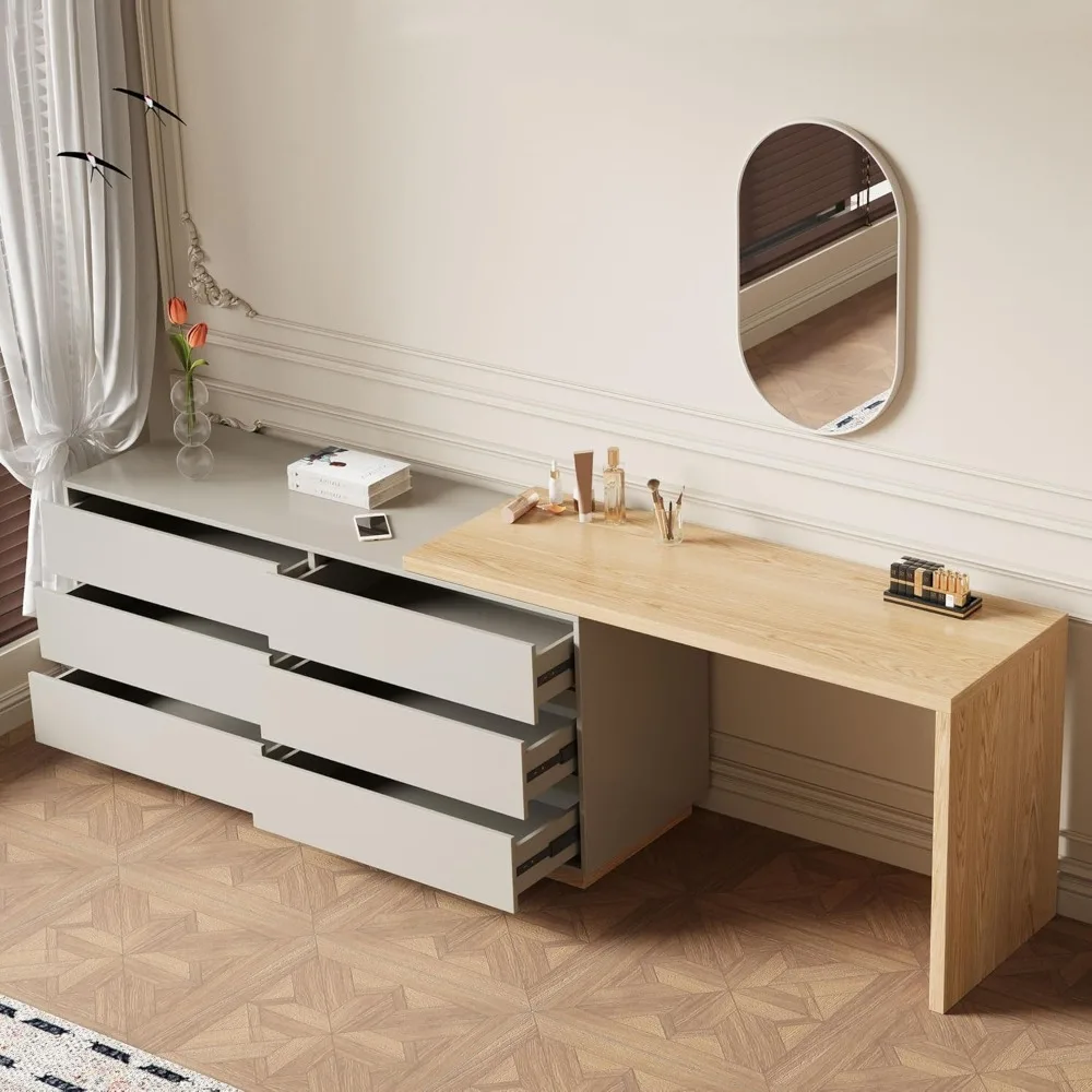 Modern Expandable L-Shaped Vanity Desk with 6 Drawers, Adjustable Computer Table for Home Office, Study, Writing, Gaming 4