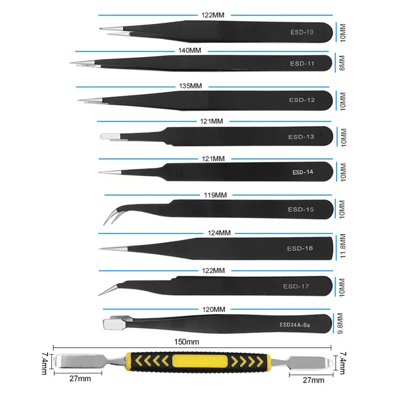 ESD Anti-Static Stainless Steel Tweezers Precision Set 10pcs Mobile screen separation pry knife For Electronic Phone Repair Tool