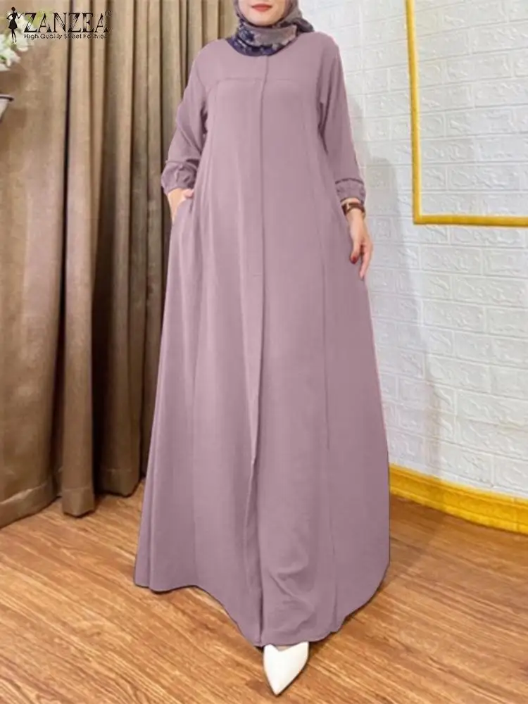 

ZANZEA Fashion Turkey Hijab Dress Autumn Puff Sleeve O Neck Dresses Woman Elegant Party Maxi Robe Vintage Dubai Long Sundress