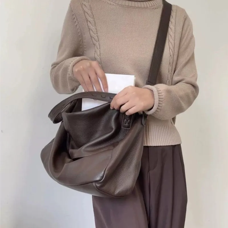 Retro Sle Solid Color Tote Bag Women Pleated Studded Leather Large Capacity Shoulder Bags Ladies  Casual Commute Crossbody Bag