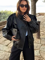 TFMLN 2025 femmes Faux cuir veste ample haute rue col montant à manches longues manteau mode casual fermeture éclair vêtements d'extérieur automne hiver 3