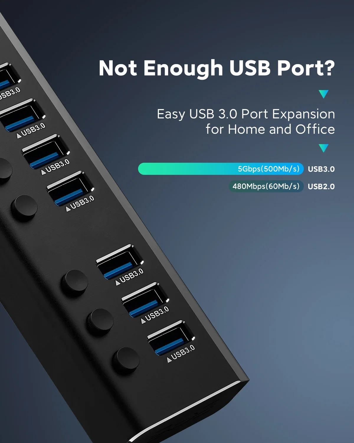 RSHTECH USB Hub 5Gbps 7 Ports USB3.0 Data Hub Splitter 12V/2A Power Adapter Individual On/Off Switches USB Port Expander 3