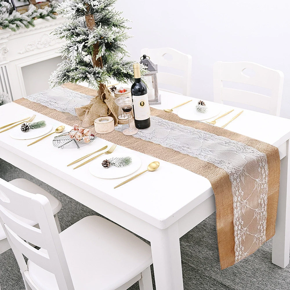 Camino de mesa de yute de estilo rústico marrón con bordes blancos con  flecos, decoración de mesa para fiestas, bodas, vacaciones, cocina,  comedor