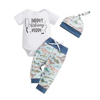 Completi in tre pezzi per neonato Stampa di lettere Pagliaccetto a maniche corte Pesci colorati Patchwork Pantaloni con coulisse Cappello annodato