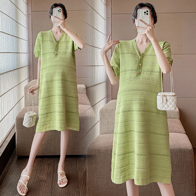 

2320# 2023 Summer Fashion Maternity Dress V Neck Loose Straight Clothes for Pregnant Women Sweet Lovely Pregnancy Clothing
