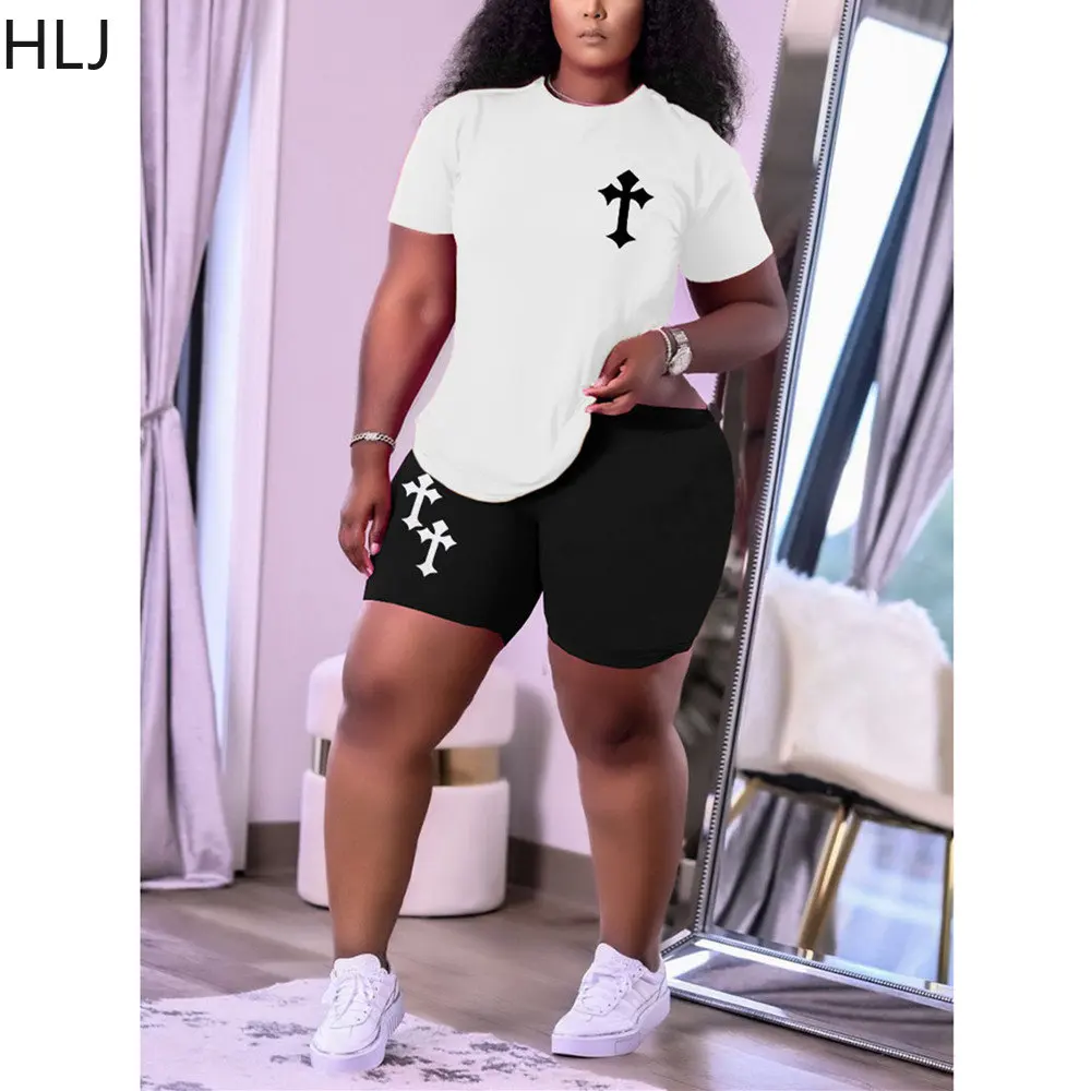 

HLJ Fashion Print Shorts Two Piece Sets Women Round Neck Loose Tshirt And Biker Shorts Tracksuits Casual Matching 2pcs Outfits