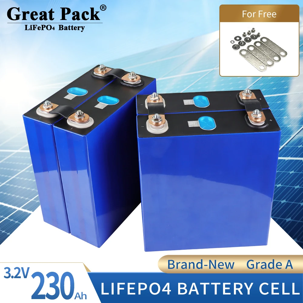 

Solar Power Bank 16PCS 3.2V 230Ah Brand New Grade A LiFePO4 Battery Cell 100% Full Capacity Rechargeable Lithium Ion with Busbar