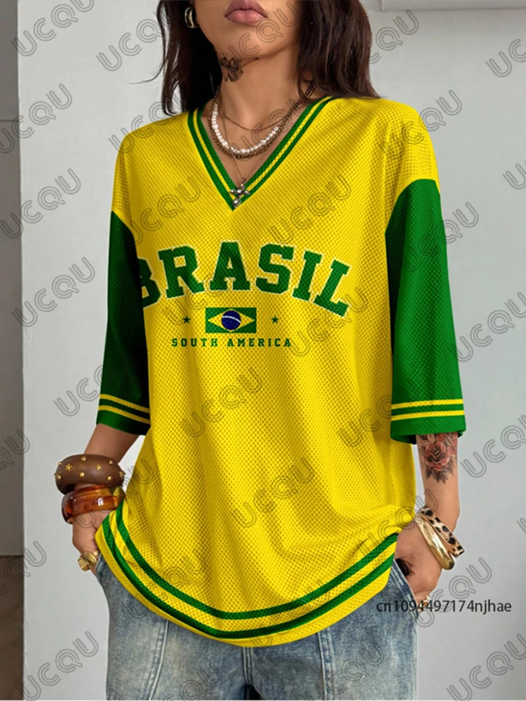Summer New Brazil Print T Shirt For Women V-Neck Patchwork Short Sleeve Sports Football Jersey Y2K Loose Oversized Vintage Tops - Image 4