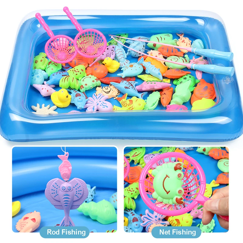 Kids Magnetic Fishing Toy Set with Inflatable Pool Playing Water Baby Bath  Toys Fishing rod Outdoor Fun Game Water Toy for Child