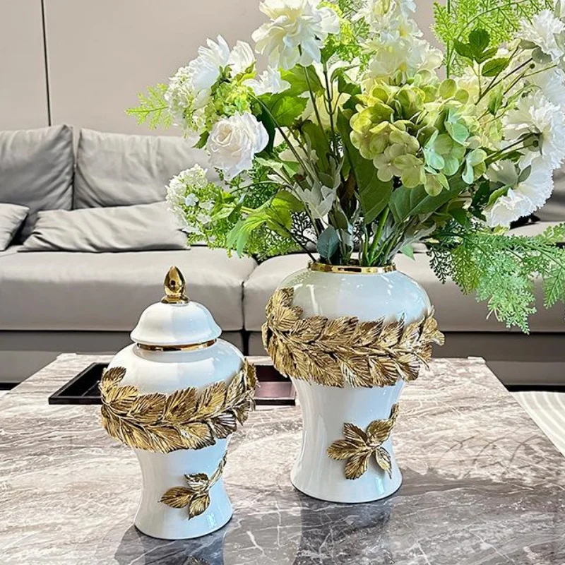 

Ceramic Jars General Jar Ginger Cans Golden Leaf Relief Ceramic Hand Flower Vase Vintage Porcelain Vase Home Decoration