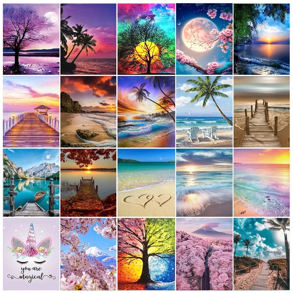 5D DIY Diamond Painting Seaside Beach Cross Stitch Kit AB Diamond Round Mosaic Landscape Art Home Decor Diamond Painting