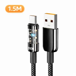 Super Fast Charging Nylon Braided USB to Type C Cable with Indicator Light, 240W (1.5M)