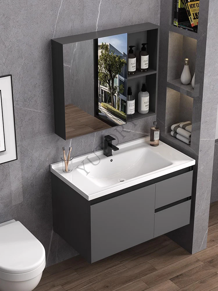 Thickened ceramic integrated face wash basin cabinet combination space aluminum bathroom cabinet rock slab, face wash sink